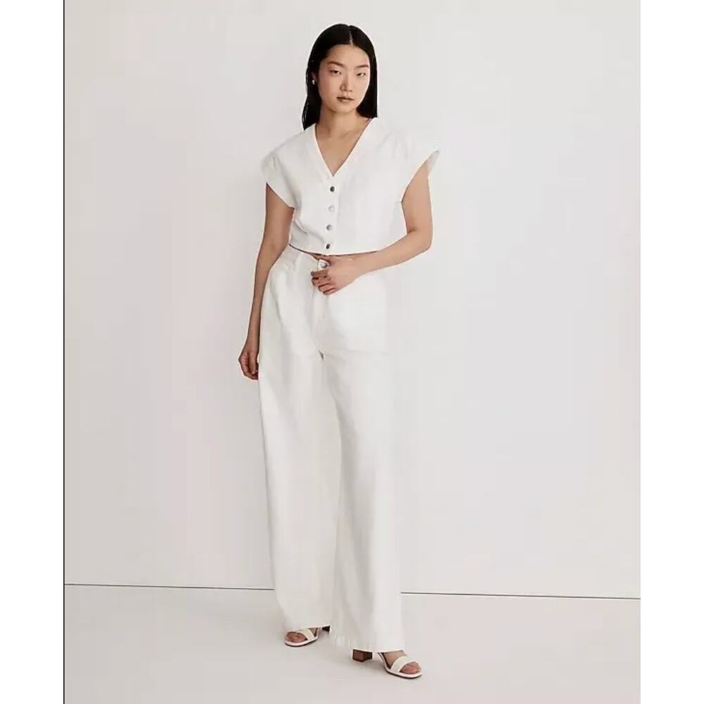 Madewell White Cropped V-Neck Button Front Top - Picture 7 of 7